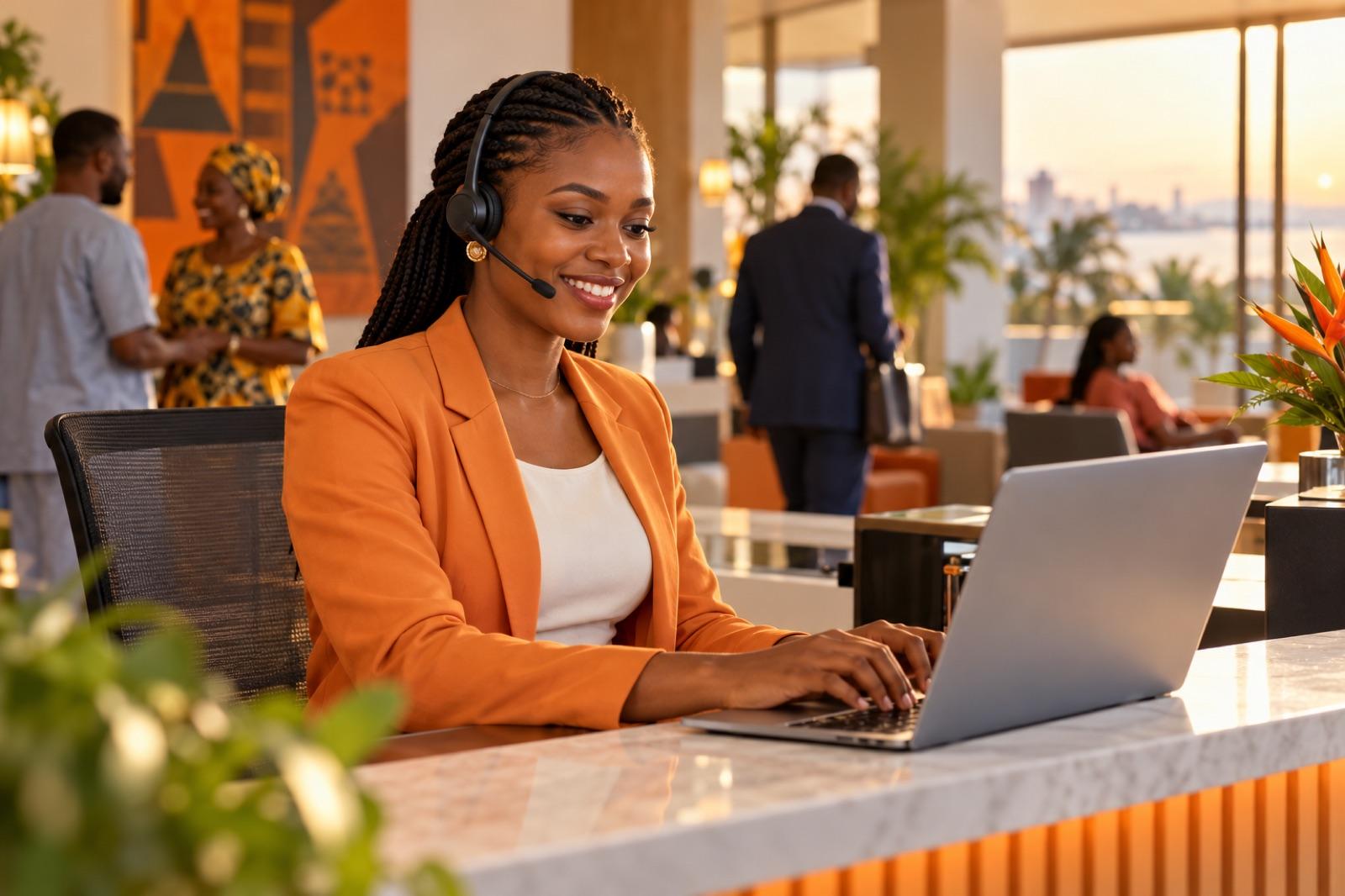 Conseillère LIKSOFT répondant à un client à l’accueil