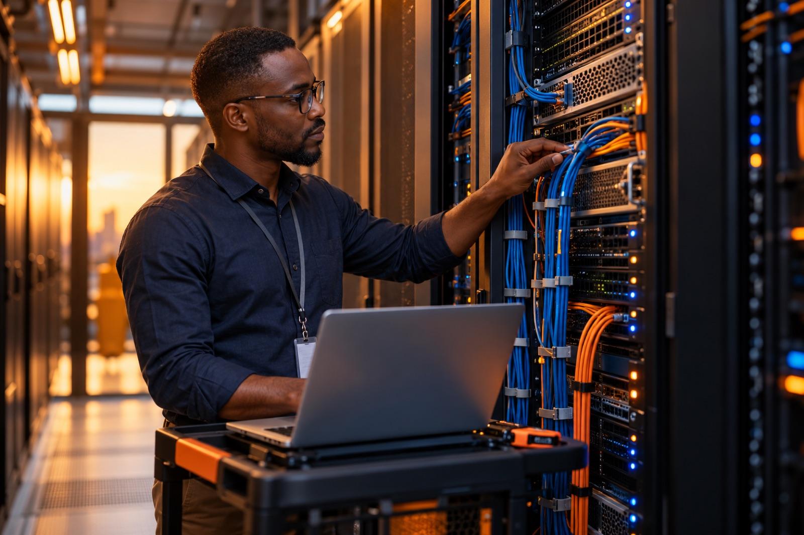 Ingénieur réseau LIKSOFT inspectant une baie de serveurs dans un datacenter