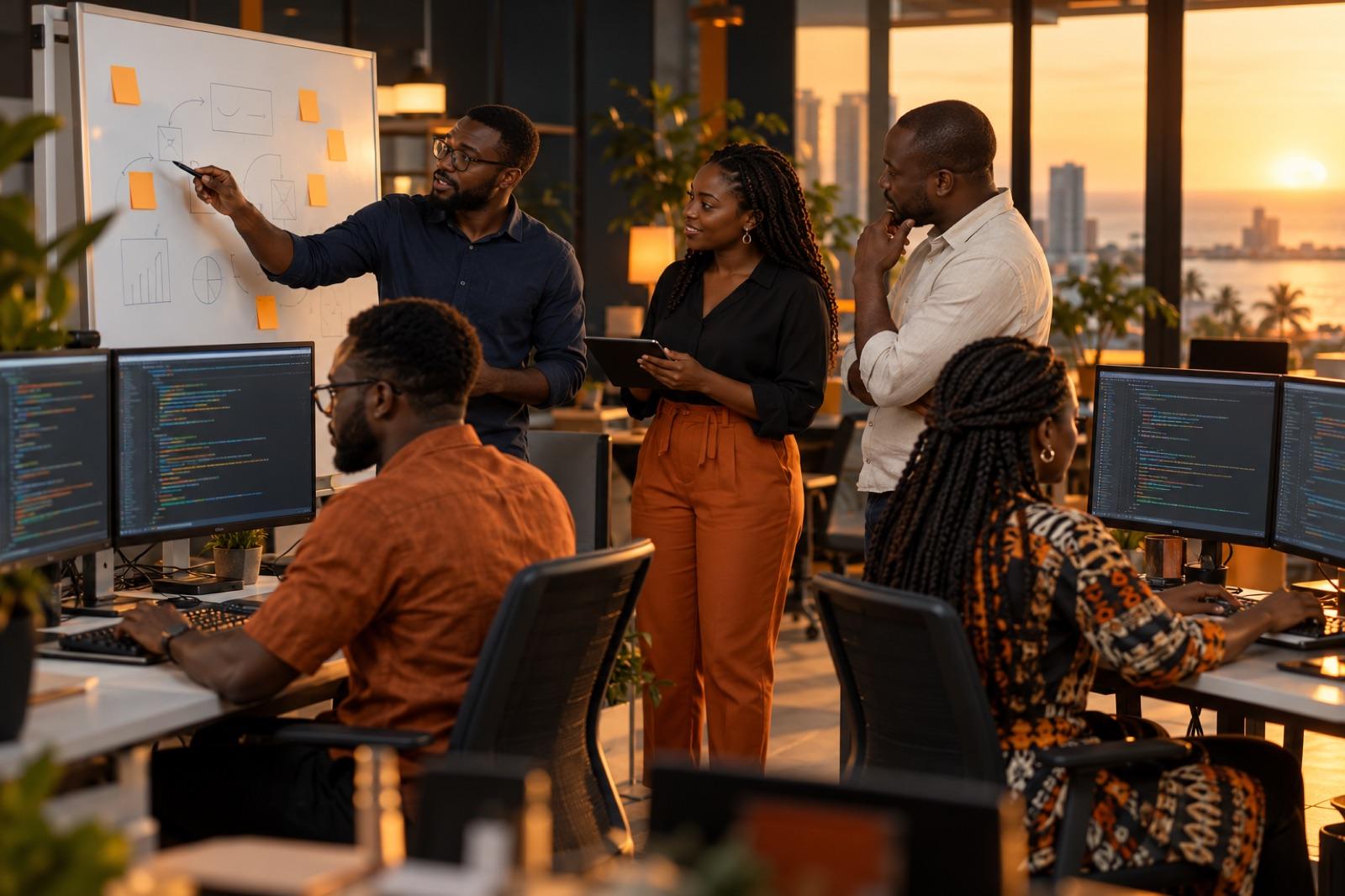 L’équipe d’ingénieurs LIKSOFT au travail dans un open space à Lomé