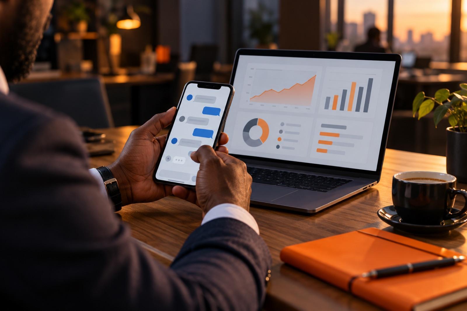 Professionnel utilisant une application de messagerie sur smartphone et un tableau de bord sur ordinateur